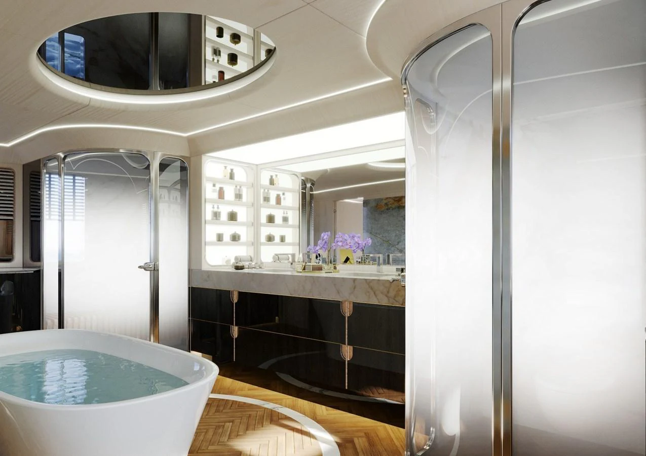 A luxurious bathroom with modern fixtures and a serene ambiance. aboard CLASSICA 40 Yacht for Sale