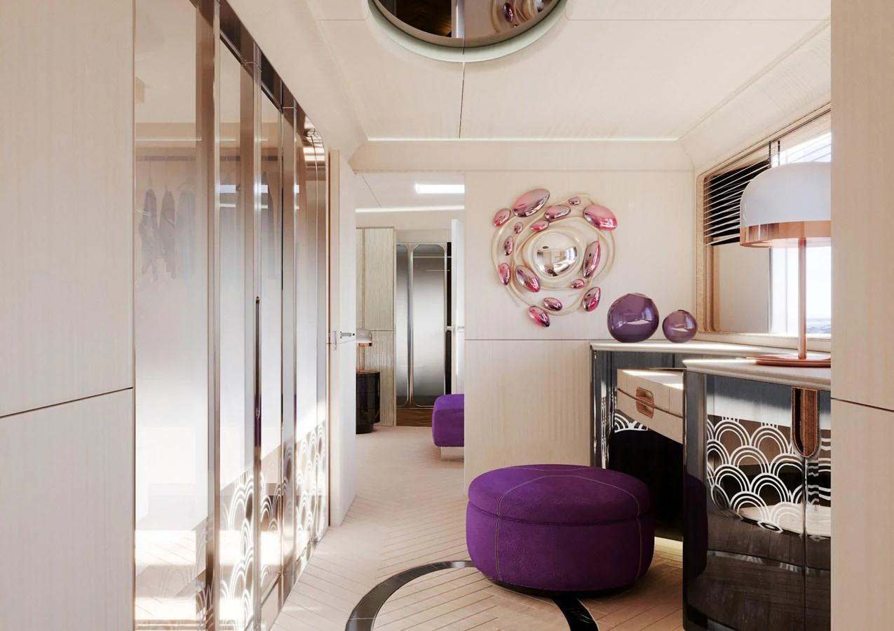 The yacht's interior features a stylish hallway with modern decor and luxurious finishes. aboard CLASSICA 40 Yacht for Sale