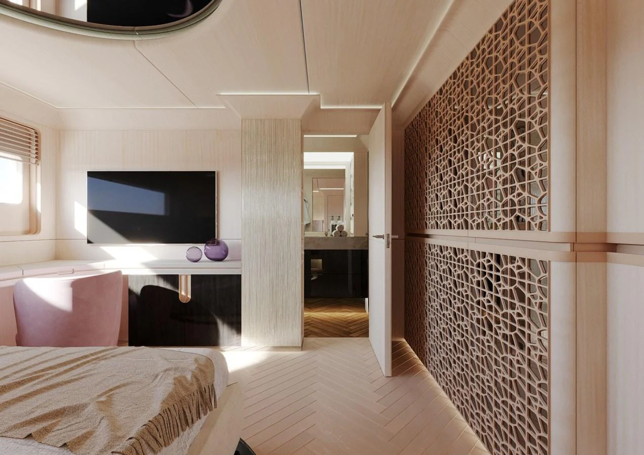 The stateroom features a modern design with a blend of light wood tones and elegant decor. aboard CLASSICA 40 Yacht for Sale