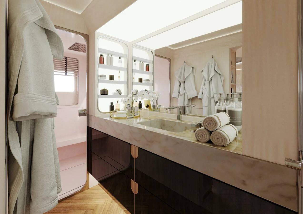 The yacht's bathroom features a luxurious vanity with ample storage and elegant decor. aboard CLASSICA 40 Yacht for Sale
