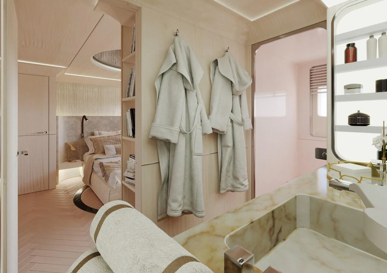 The yacht's bathroom features luxurious amenities and a serene, elegant design. aboard CLASSICA 40 Yacht for Sale