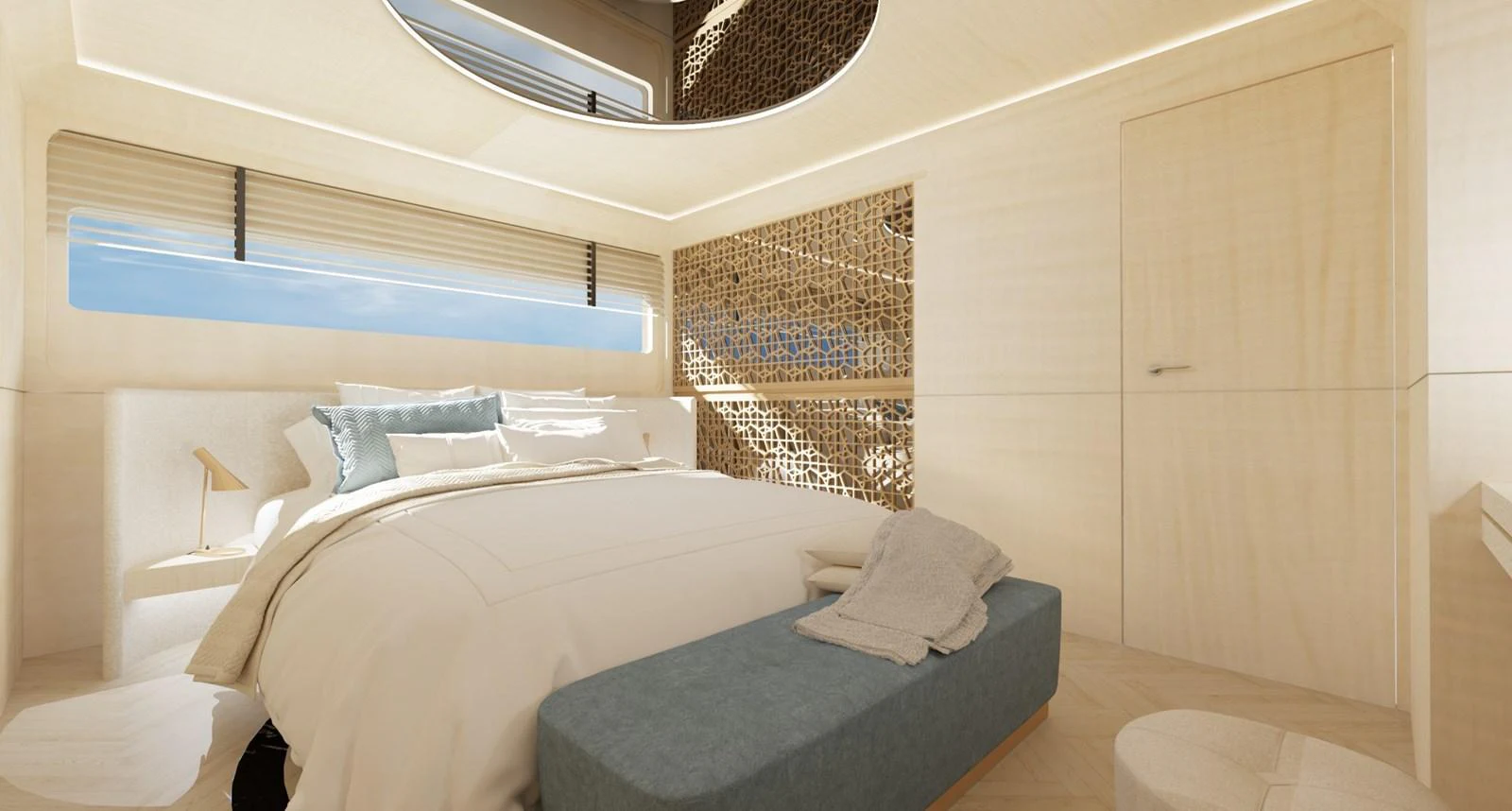 The stateroom features a luxurious bed with elegant decor and ample natural light. aboard CLASSICA 40 Yacht for Sale