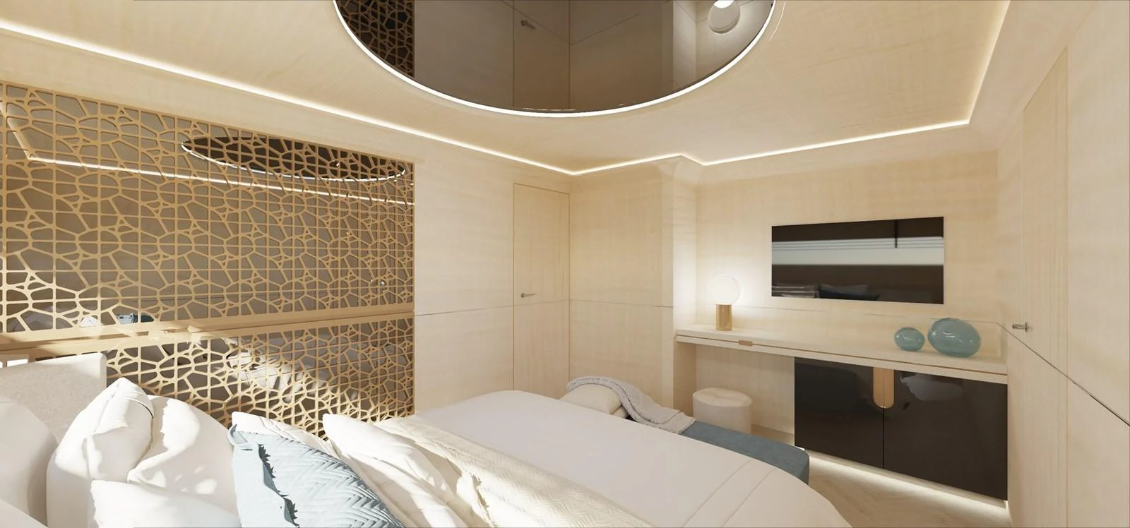 A luxurious stateroom featuring a modern design with elegant lighting and decor. aboard CLASSICA 40 Yacht for Sale