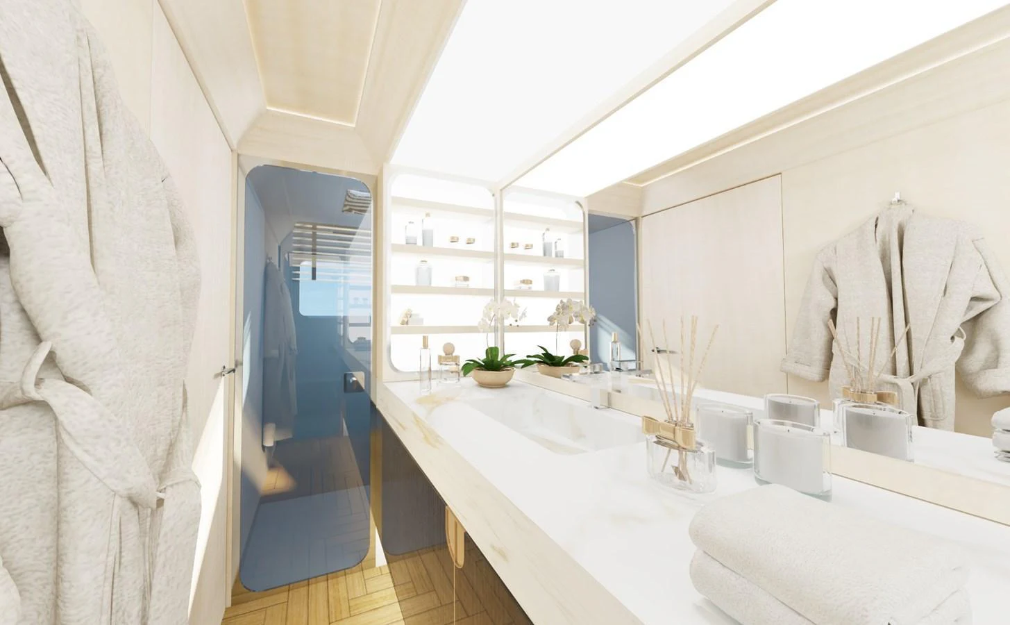 A luxurious yacht bathroom featuring a double vanity and elegant decor. aboard CLASSICA 40 Yacht for Sale
