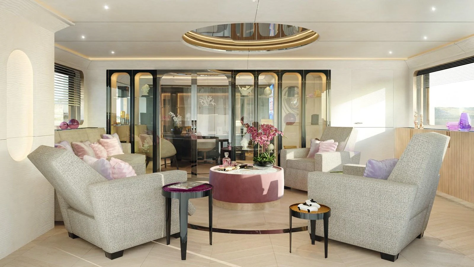 The yacht's salon features plush seating, elegant decor, and ample natural light. aboard CLASSICA 40 Yacht for Sale