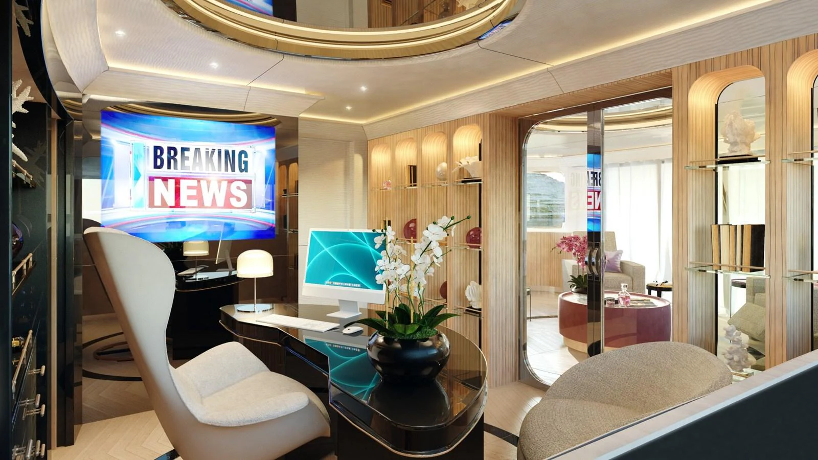 A luxurious yacht office featuring modern furnishings and a large television screen. aboard CLASSICA 40 Yacht for Sale