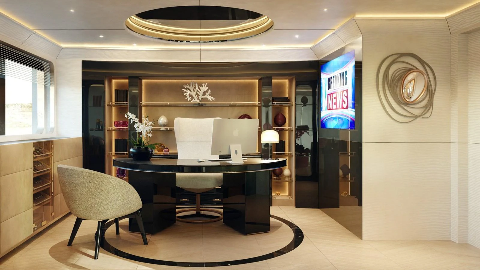 A luxurious yacht office with modern furnishings and a built-in television. aboard CLASSICA 40 Yacht for Sale