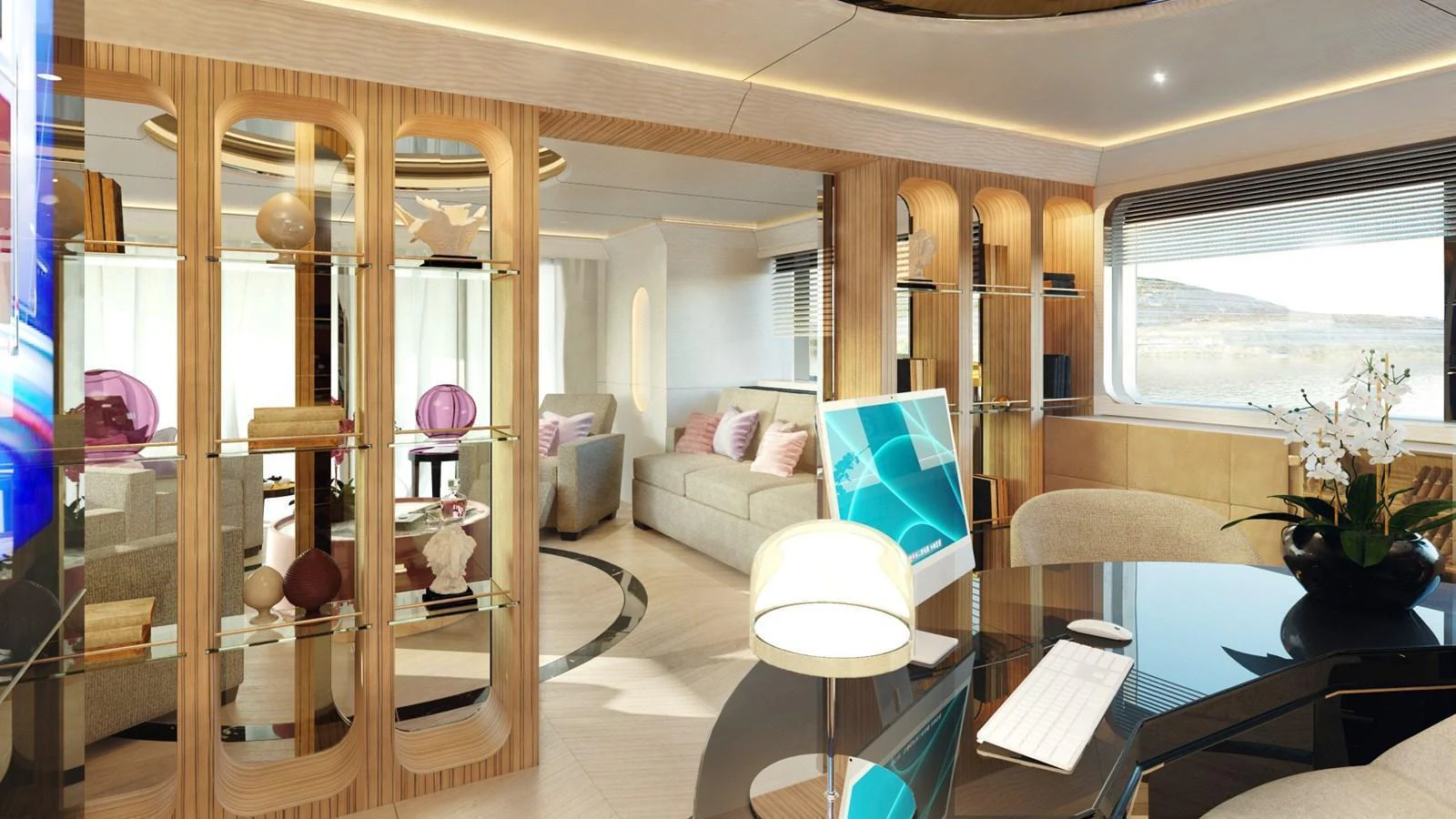 The salon features elegant decor with comfortable seating and modern amenities. aboard CLASSICA 40 Yacht for Sale
