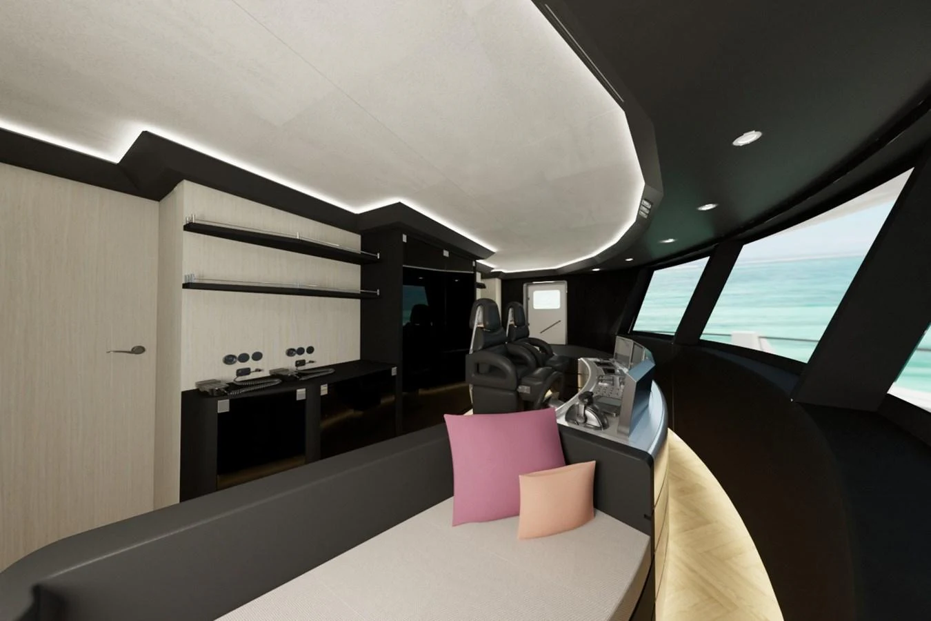 A sleek and modern interior space with a comfortable seating area and advanced helm station. aboard CLASSICA 40 Yacht for Sale