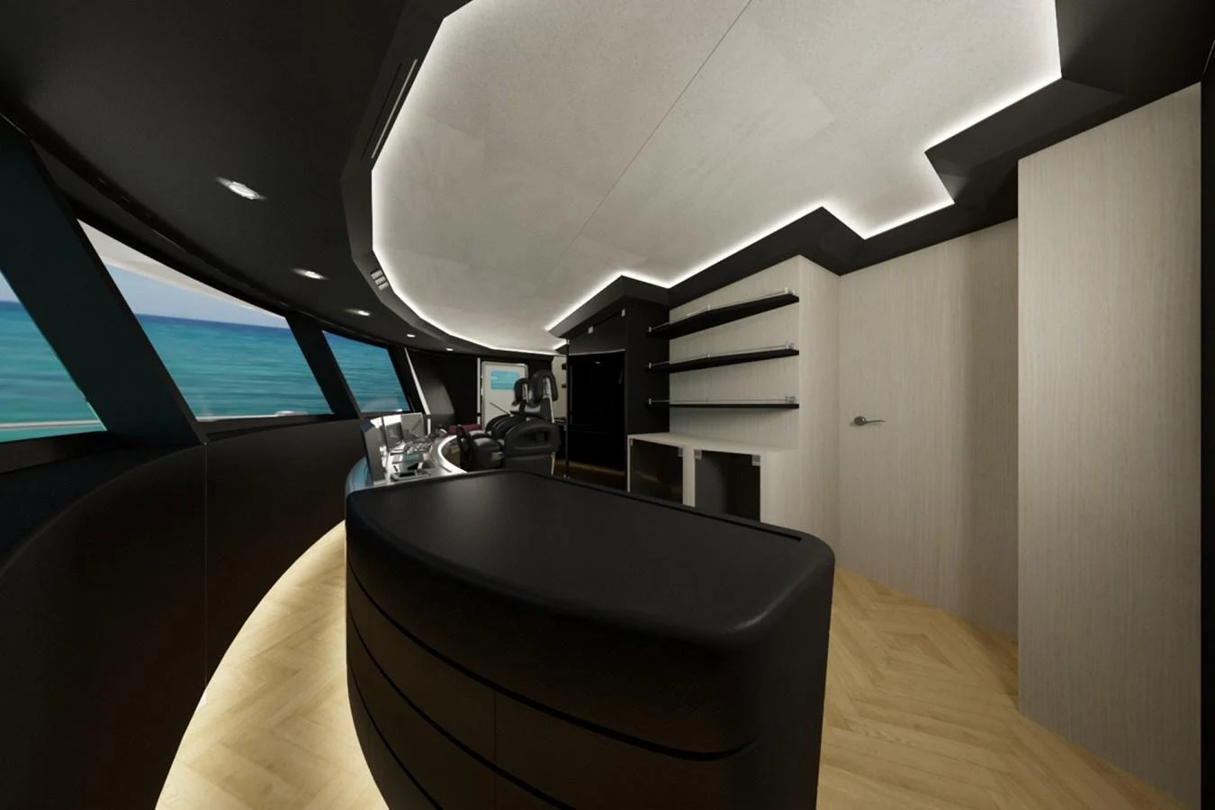 A sleek and modern interior space with stylish lighting and a view of the sea. aboard CLASSICA 40 Yacht for Sale