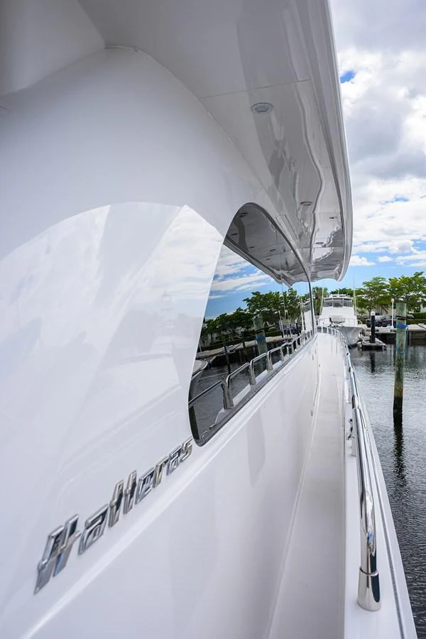 The sleek exterior of the yacht showcases its modern design and polished finish. aboard SAPPHIRE Yacht for Sale