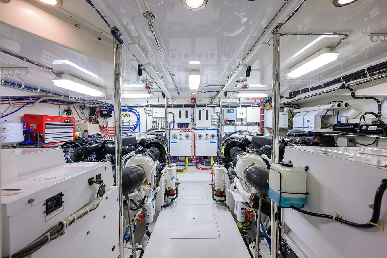 The yacht's engine room showcases a well-organized and meticulously maintained mechanical space. aboard SAPPHIRE Yacht for Sale