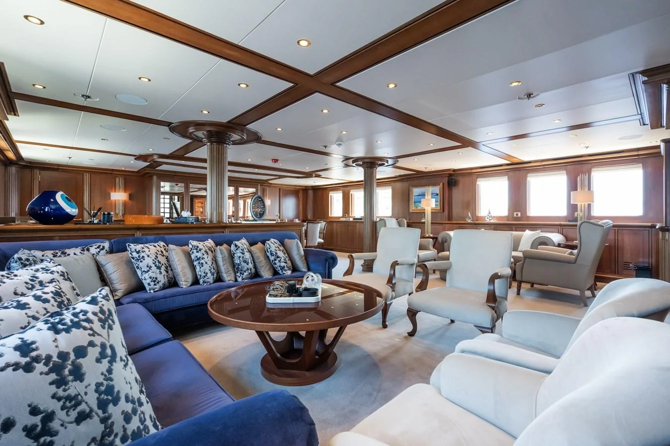 a living room with a large window aboard THE LANGLEY Yacht for Sale