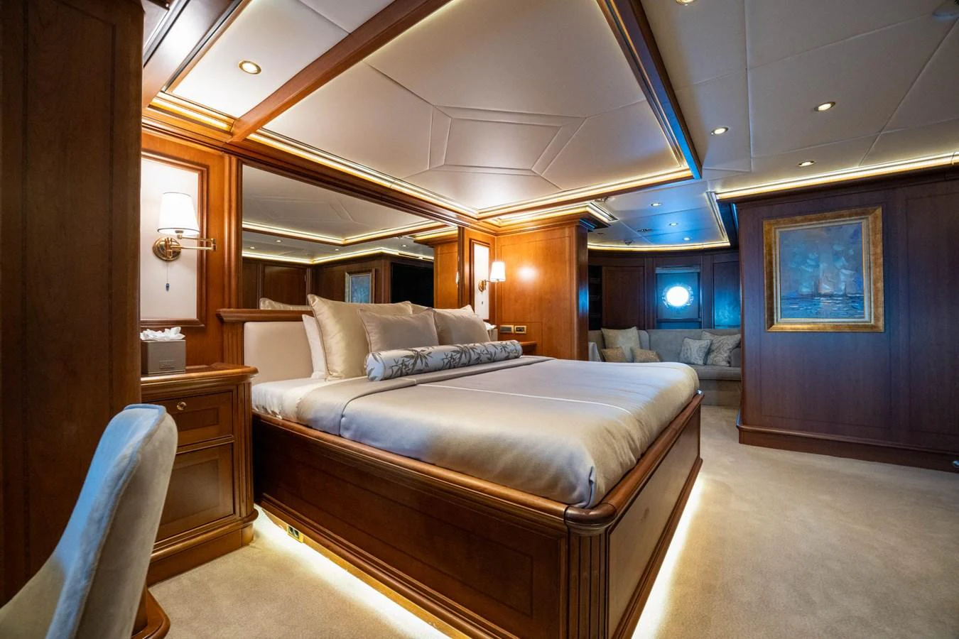 a bed in a room aboard THE LANGLEY Yacht for Sale