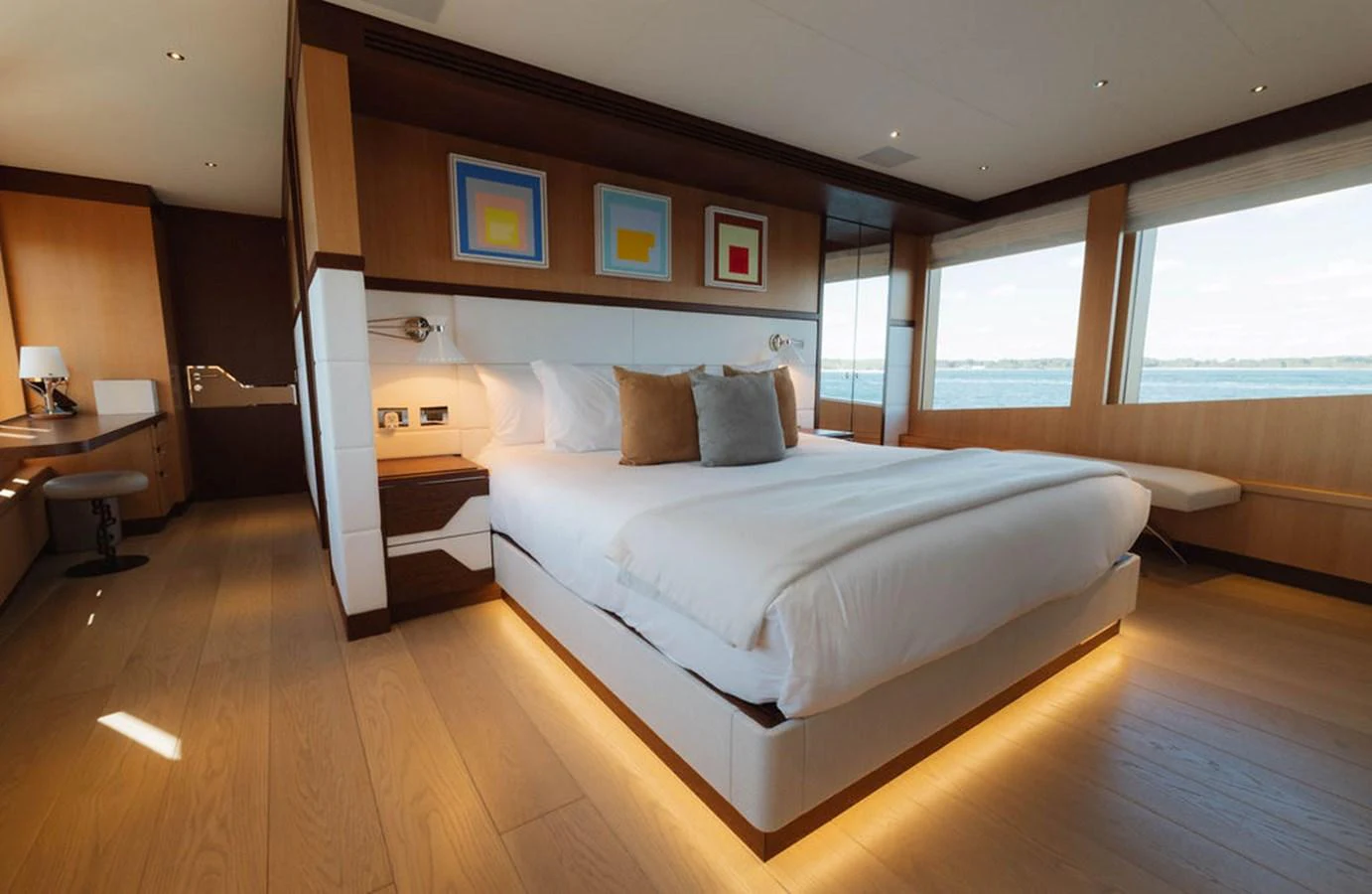 The master stateroom offers a spacious and luxurious retreat with modern decor and ample natural light. aboard GRAYCLIFFS Yacht for Sale