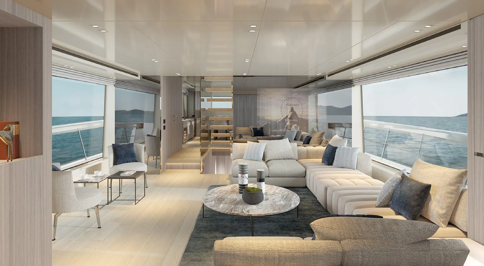 a living room with a large window aboard SIXTYFIVE Yacht for Sale