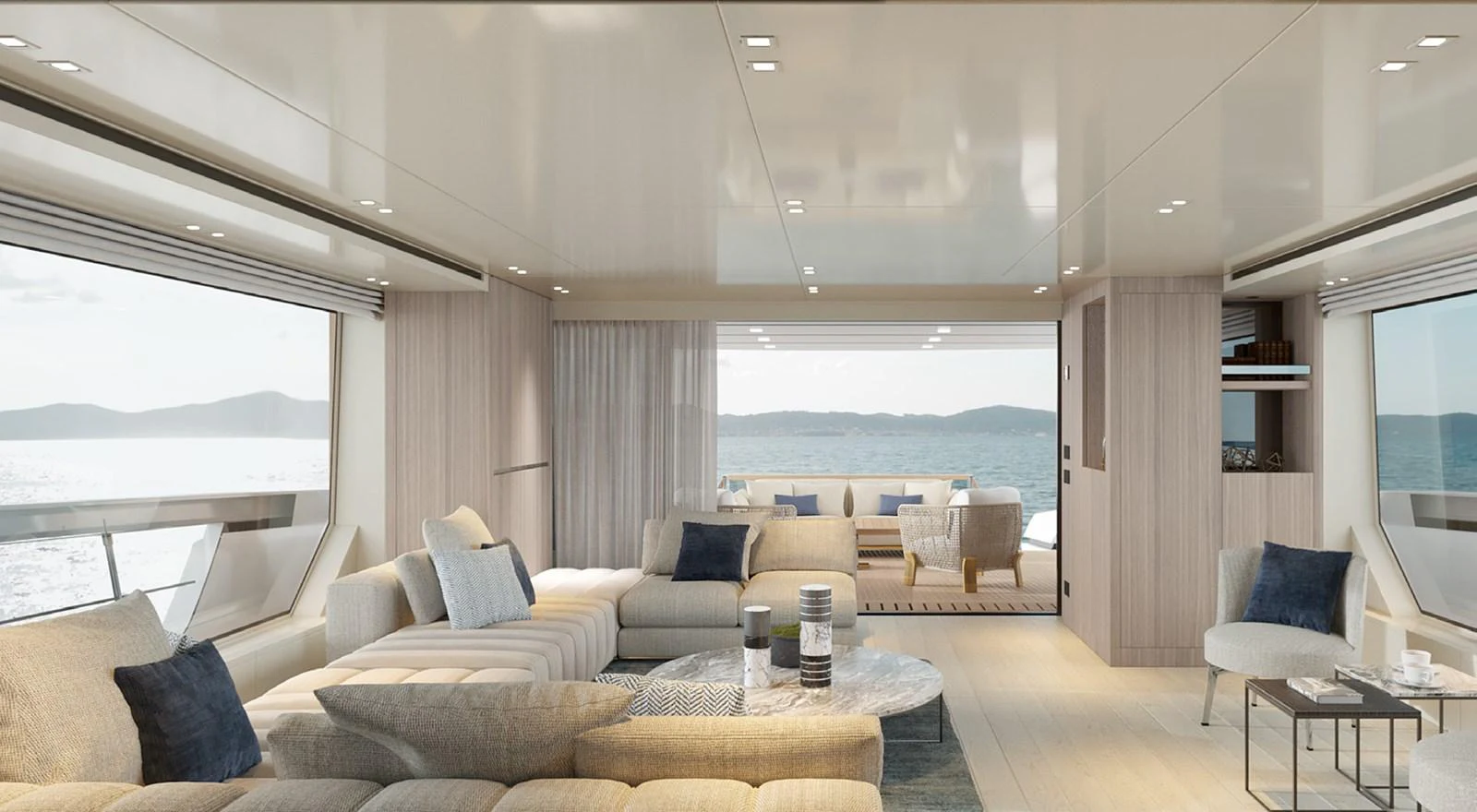 a living room with a large window aboard SIXTYFIVE Yacht for Sale