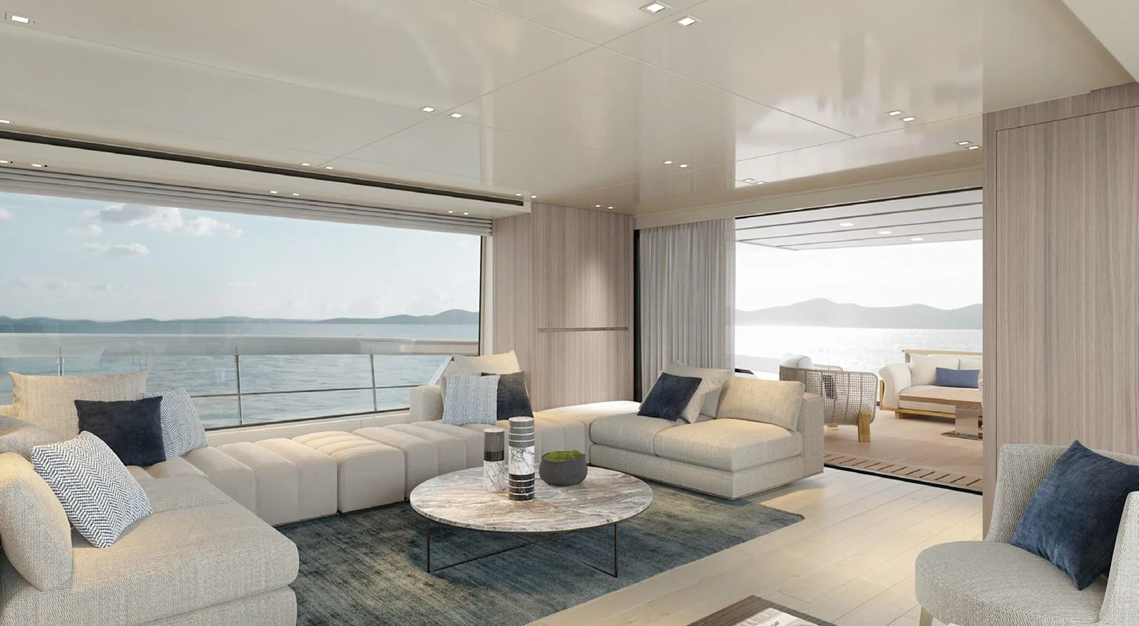 a living room with a large window aboard SIXTYFIVE Yacht for Sale