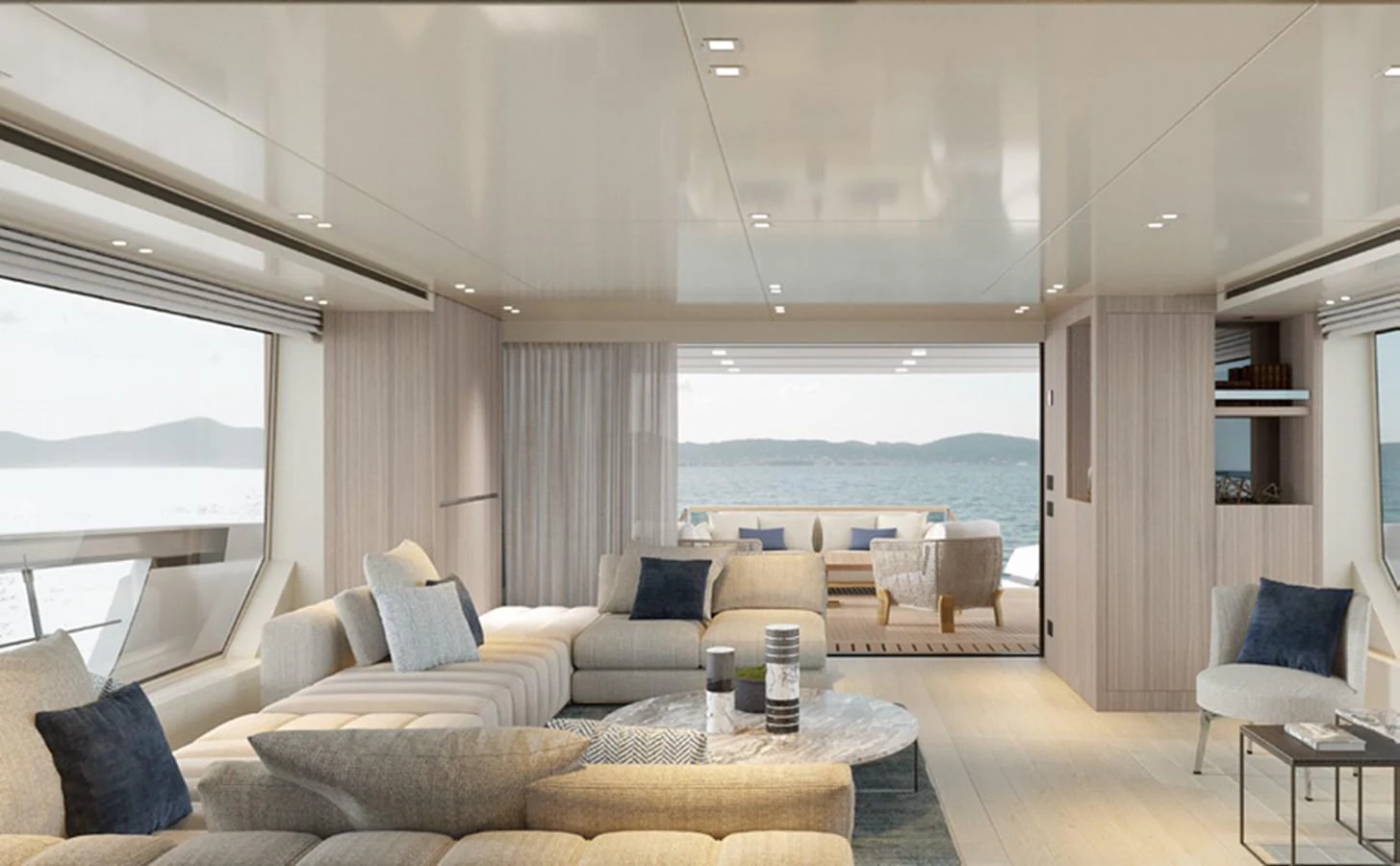 a living room with a large window aboard SIXTYFIVE Yacht for Sale