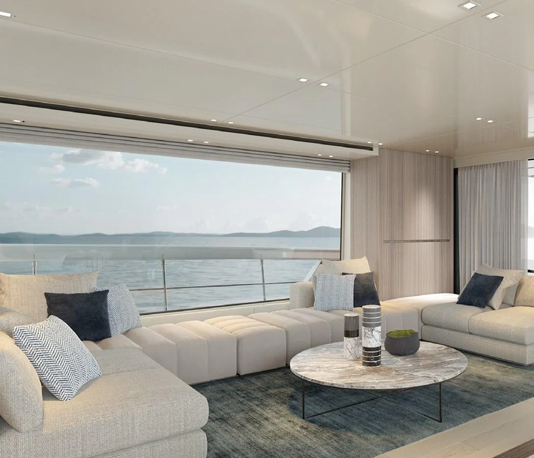 a living room with a large window aboard SIXTYFIVE Yacht for Sale
