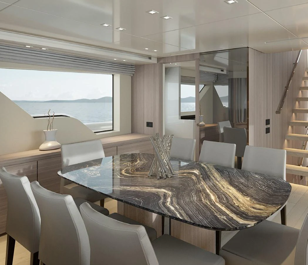 a large dining room with a large window aboard SIXTYFIVE Yacht for Sale