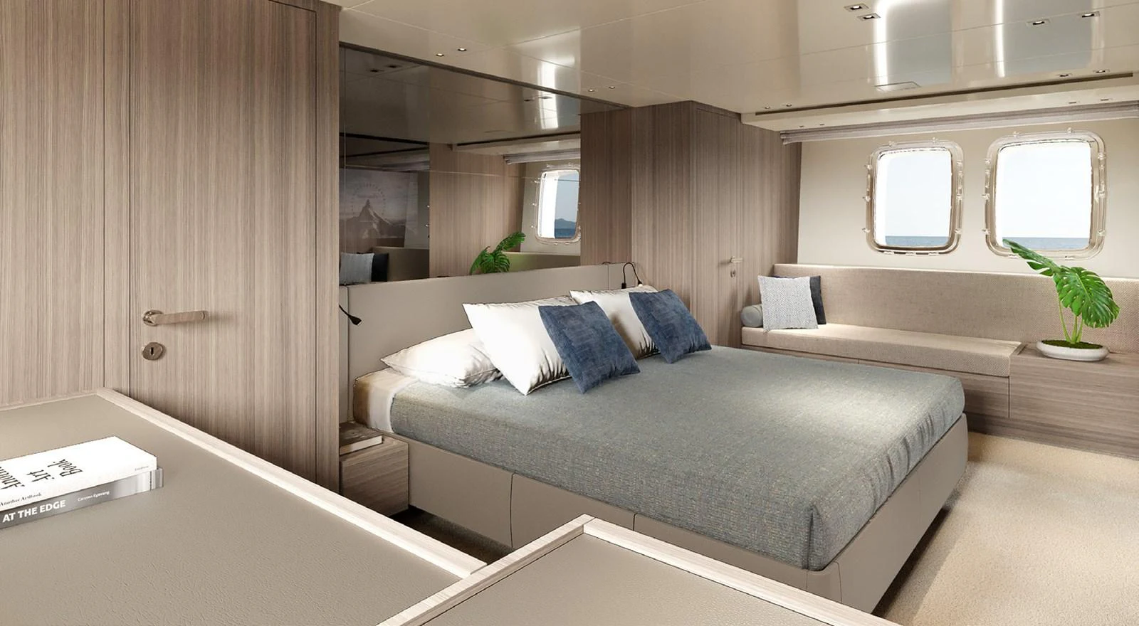 a room with a bed and a plant aboard SIXTYFIVE Yacht for Sale