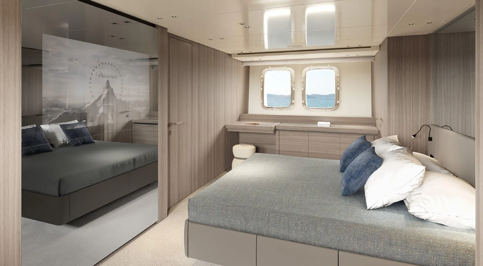 a room with a bed and a couch aboard SIXTYFIVE Yacht for Sale