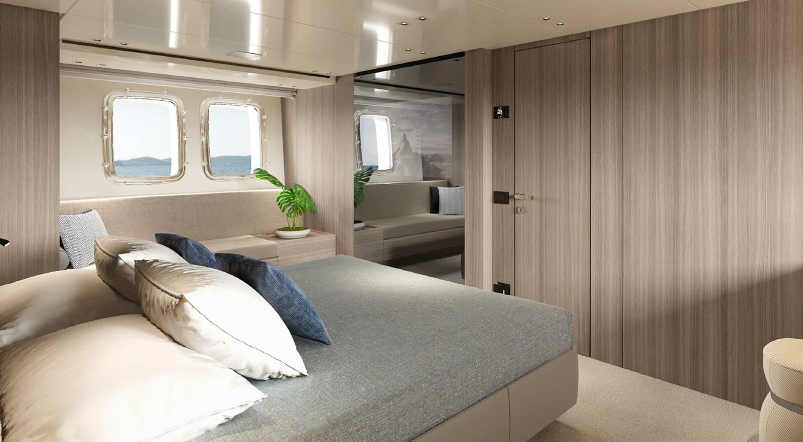 a room with a bed and a couch aboard SIXTYFIVE Yacht for Sale