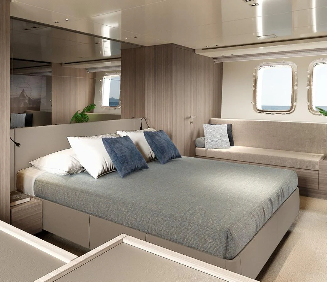 a room with a bed and a window aboard SIXTYFIVE Yacht for Sale