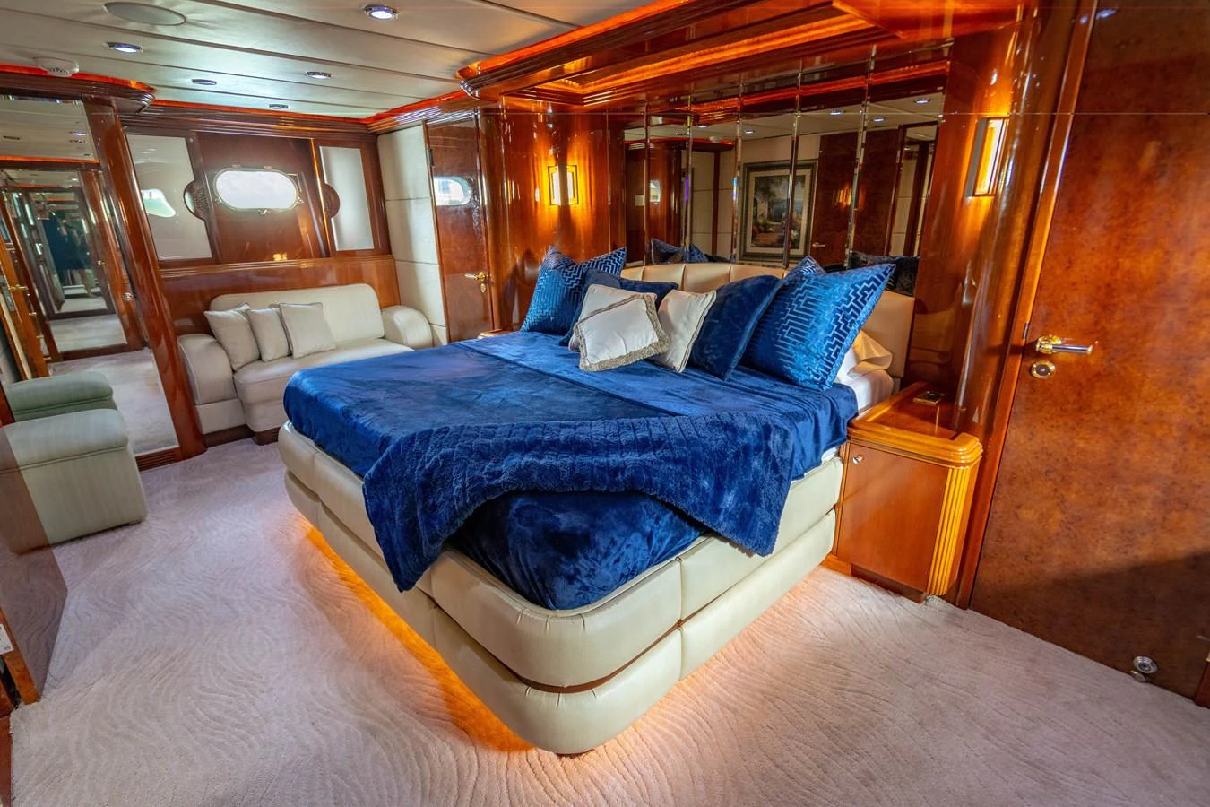 a bed in a room aboard AQUA Yacht for Sale