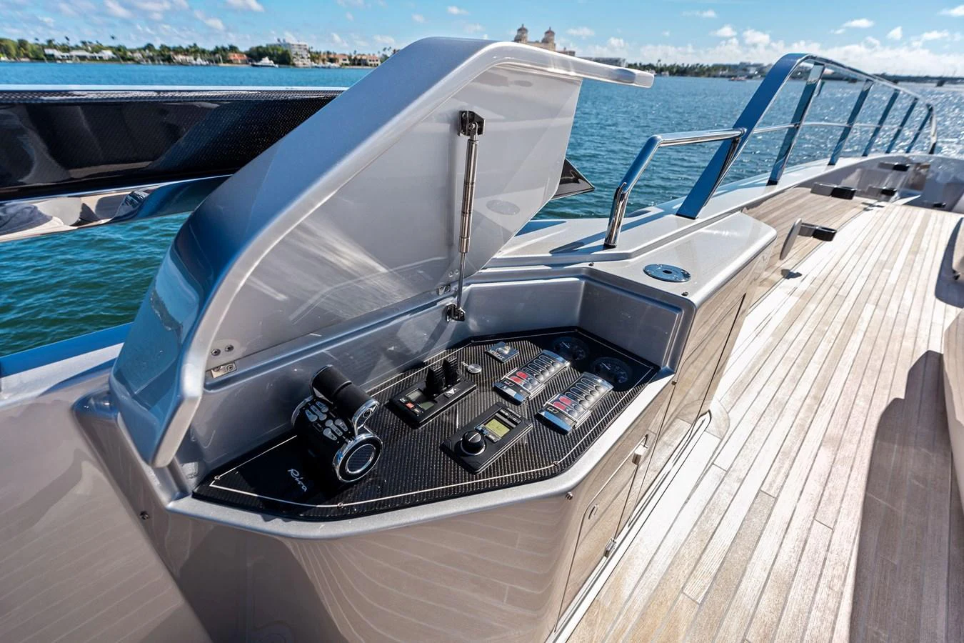 This image showcases a detailed view of the yacht's control panel on the deck. aboard TENACIOUS Yacht for Sale