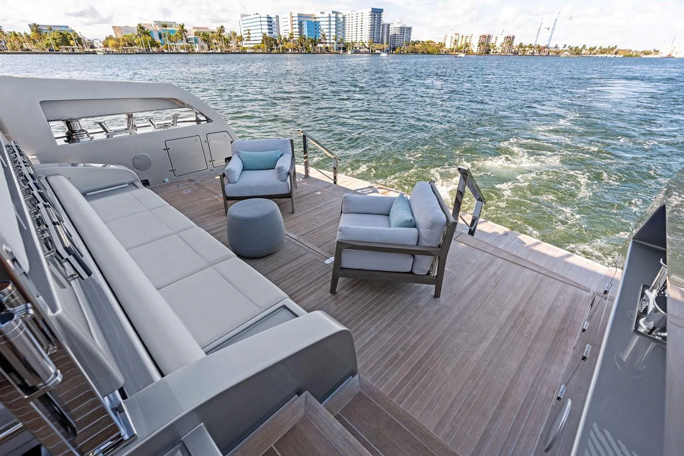 The aft deck offers a spacious and comfortable area for relaxation with stunning water views. aboard TENACIOUS Yacht for Sale