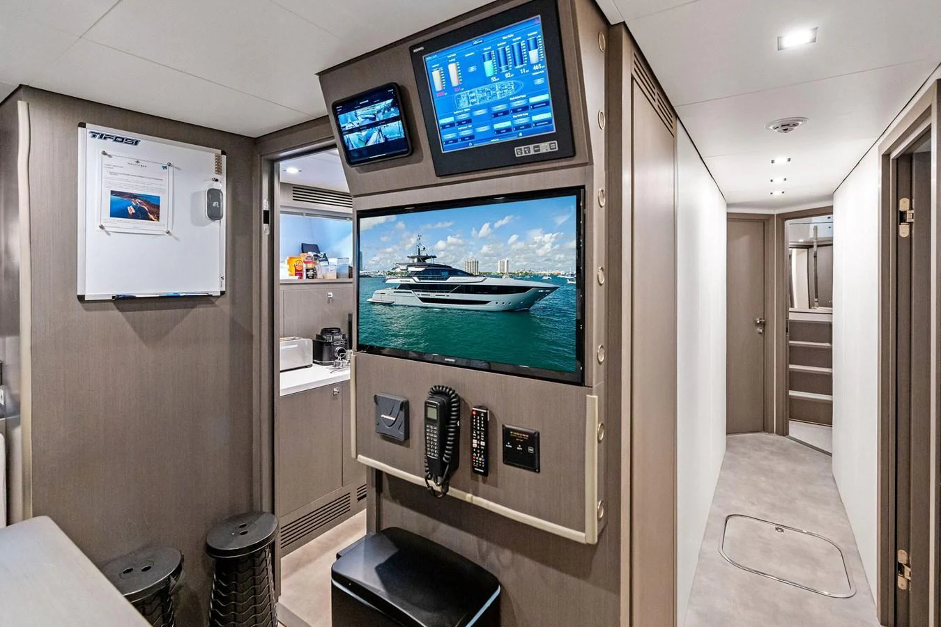 The crew area is equipped with modern technology and practical amenities for efficient operations. aboard TENACIOUS Yacht for Sale
