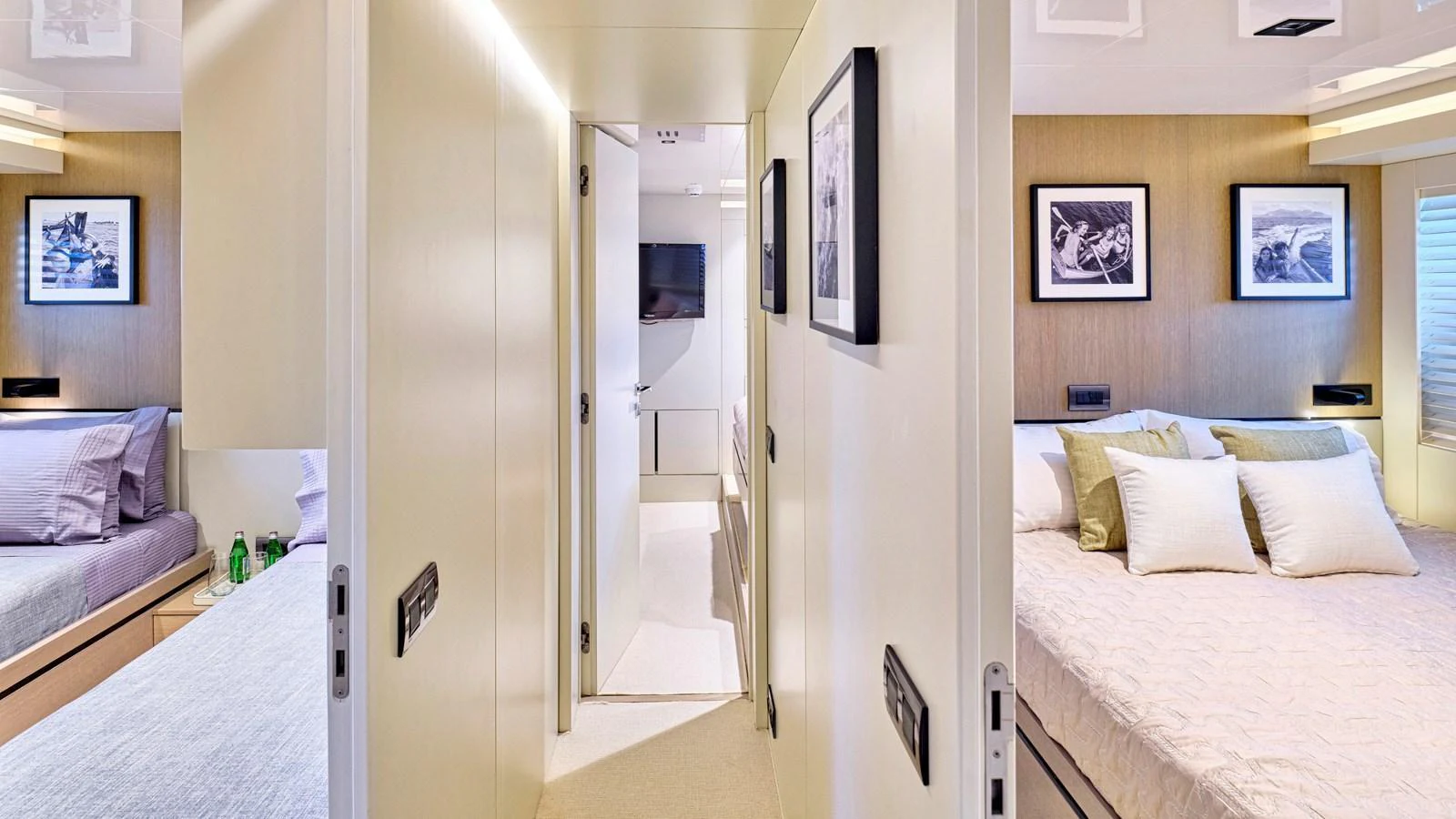 The image showcases the luxurious guest cabins with elegant decor and comfortable bedding. aboard MILGAUSS Yacht for Sale