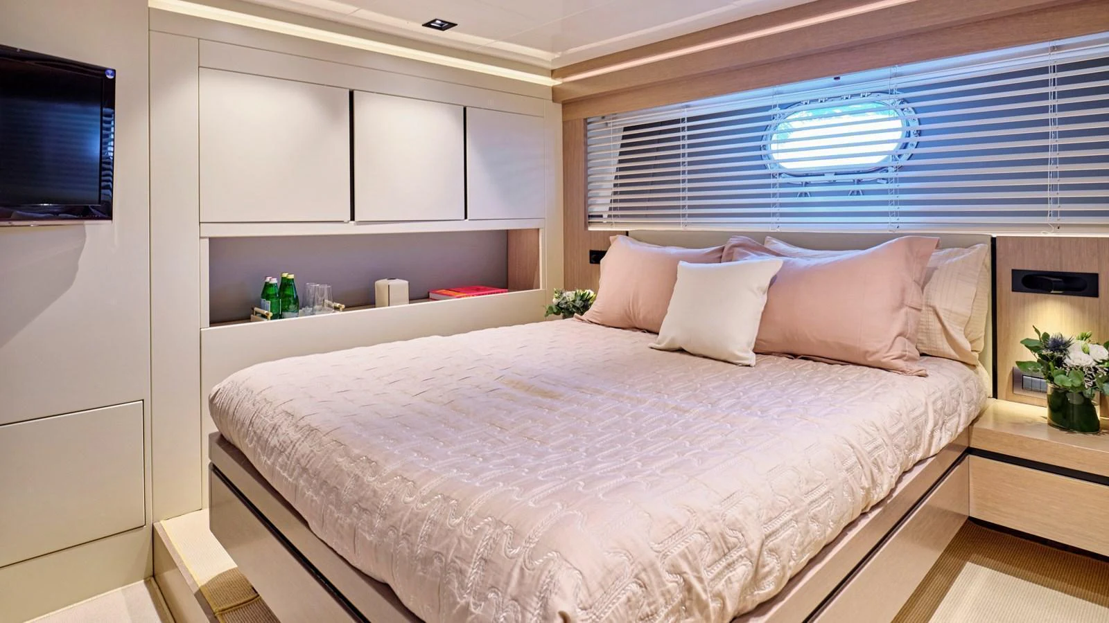 The stateroom offers a serene and luxurious sleeping area with elegant decor and ample natural light. aboard MILGAUSS Yacht for Sale
