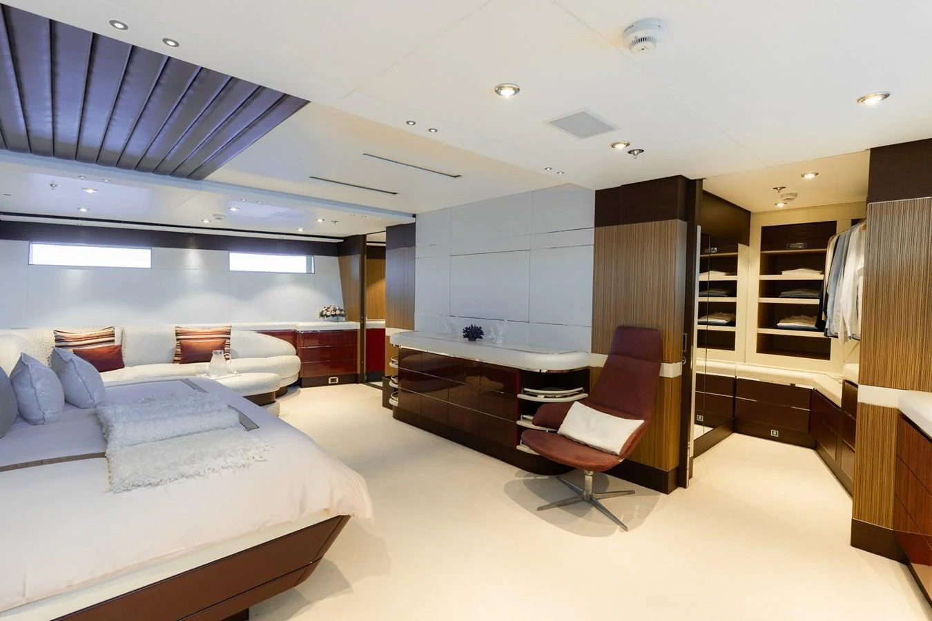 The master stateroom features a spacious layout with luxurious furnishings and ample storage. aboard RENEGADE Yacht for Sale