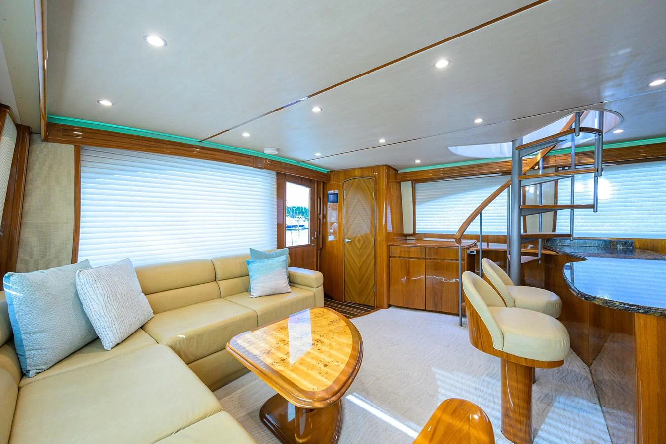 a living room with a large glass window aboard MARLIN MONROE Yacht for Sale