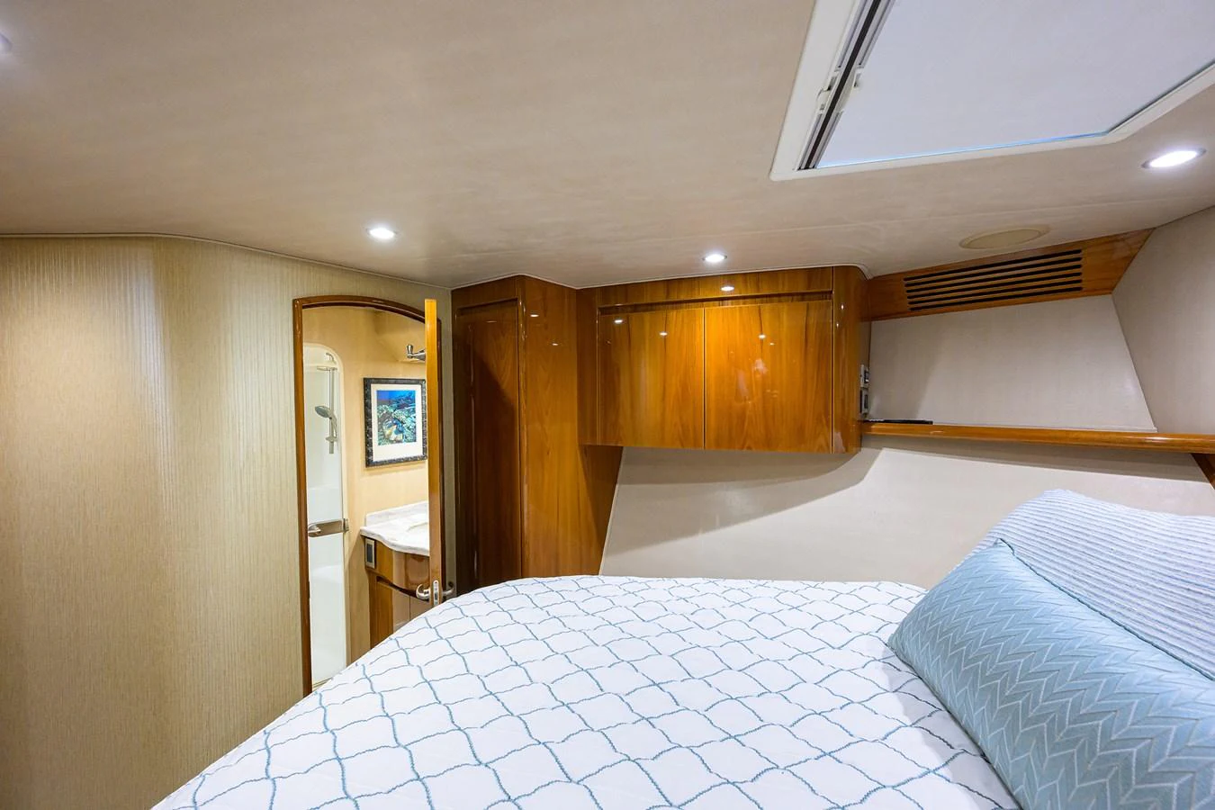 a bed in a room aboard MARLIN MONROE Yacht for Sale