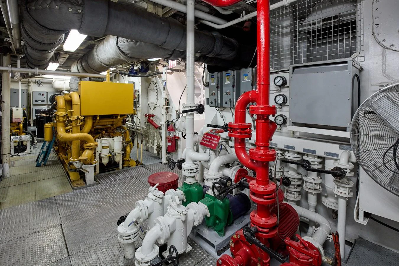 The engine room showcases the yacht's powerful machinery and technical equipment. aboard GLOBAL Yacht for Sale