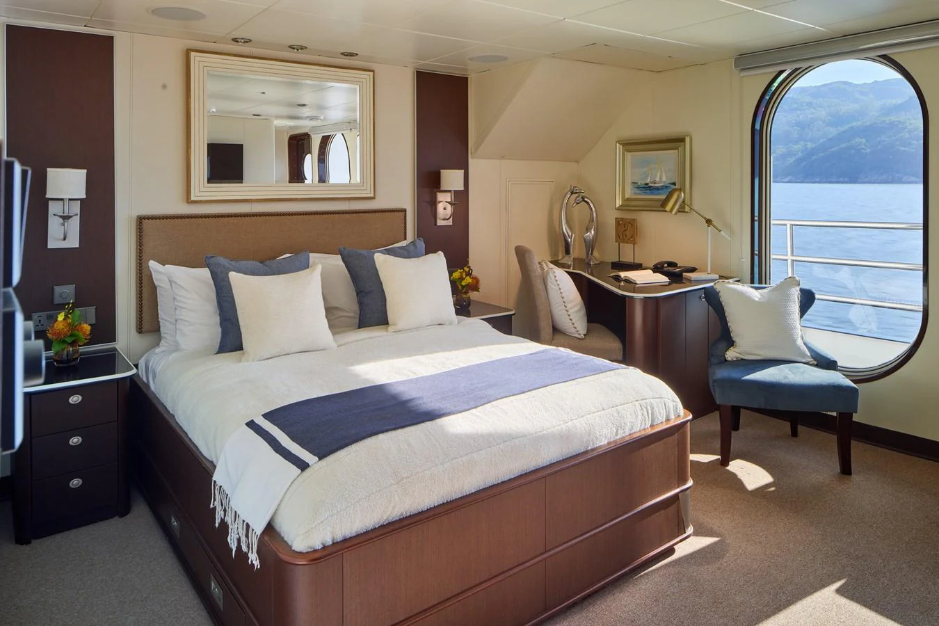 The master stateroom offers a luxurious and serene retreat with stunning views of the water. aboard GLOBAL Yacht for Sale