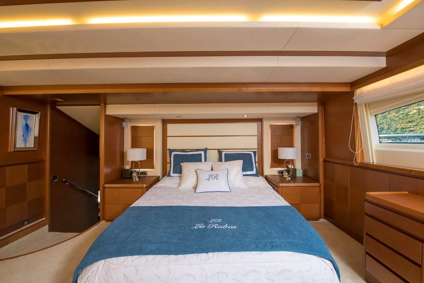 a bed in a room aboard LA RUBIA Yacht for Sale