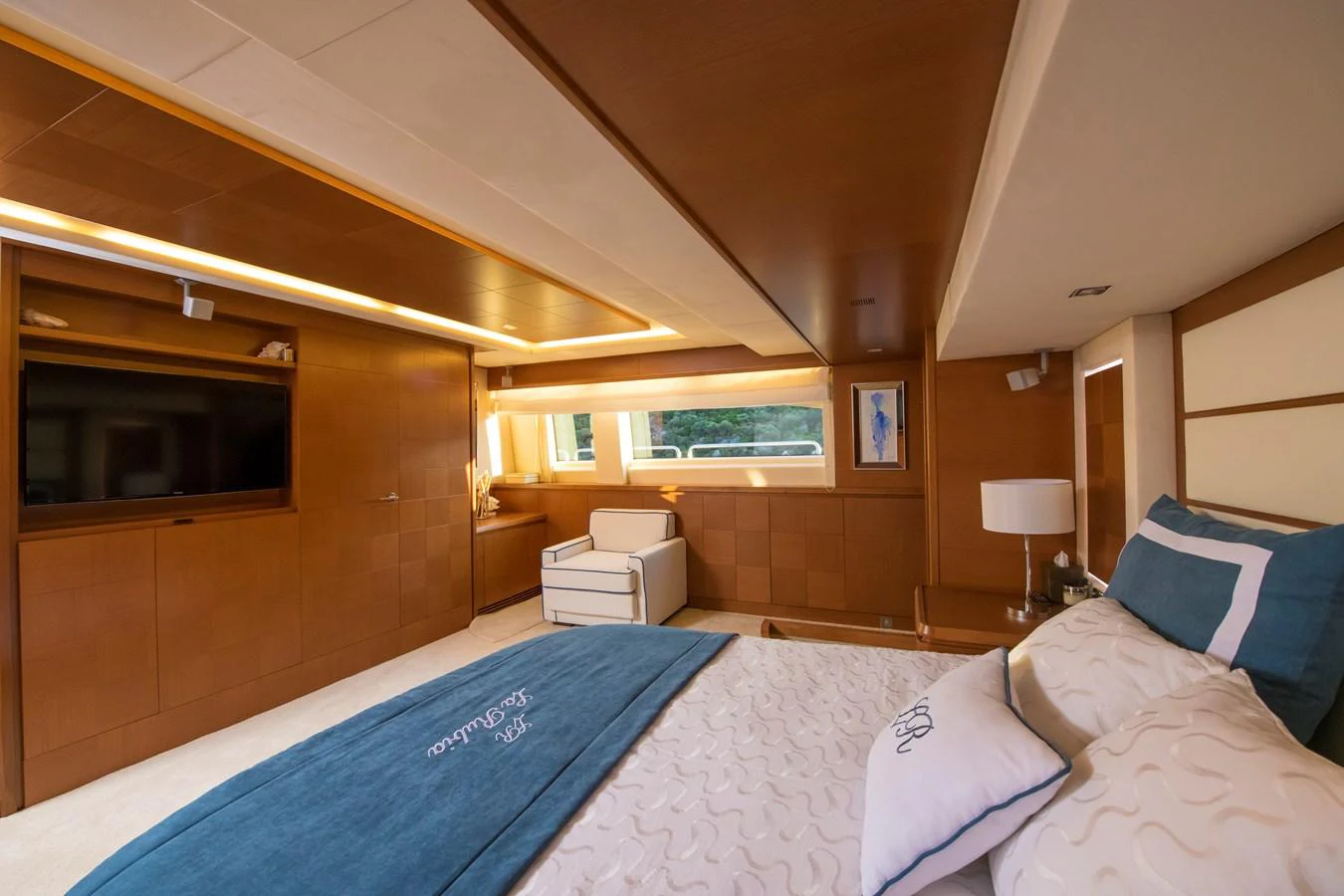 a bed in a room aboard LA RUBIA Yacht for Sale