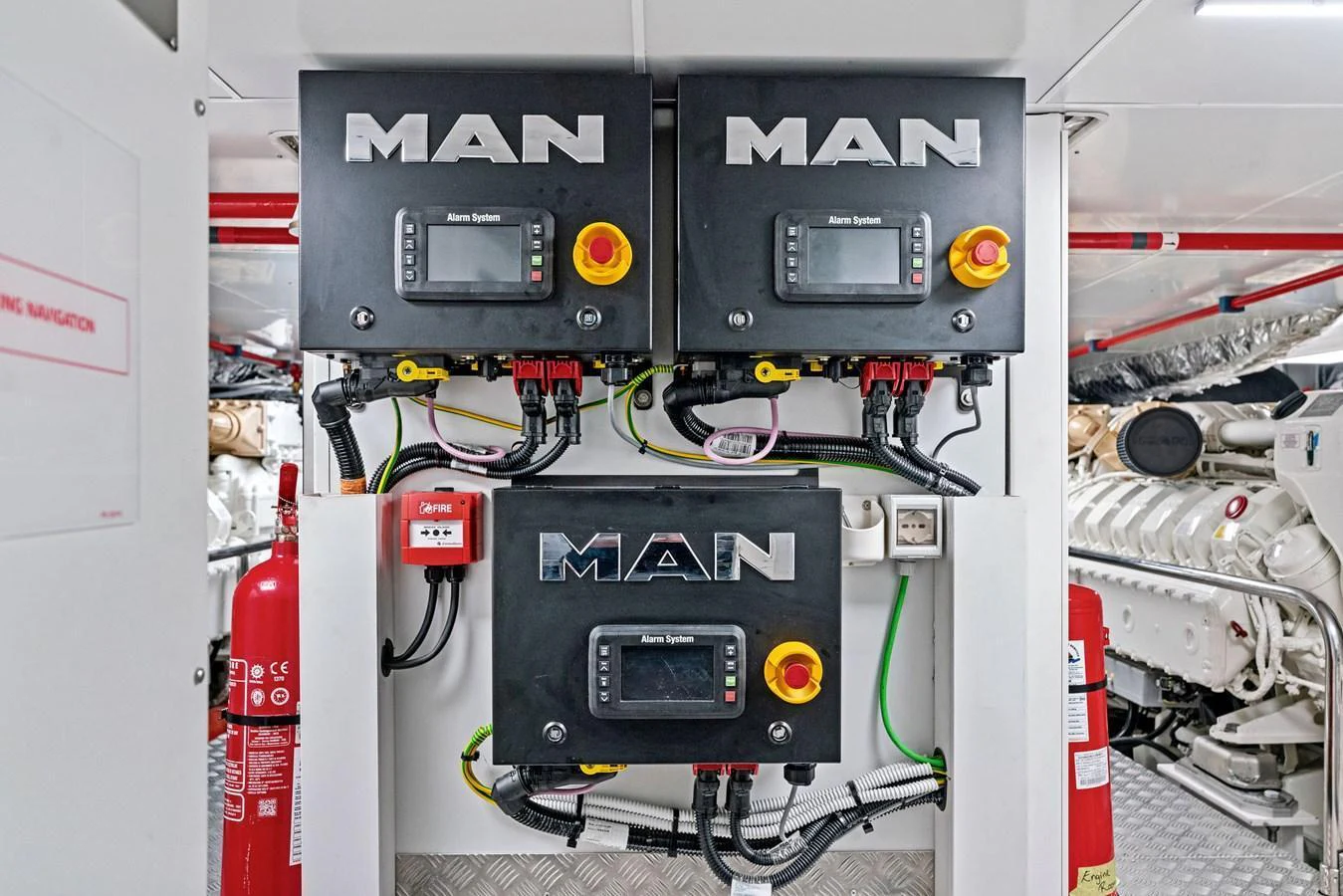 The image showcases the sophisticated control panels and systems within the yacht's engine room. aboard CAFFEINE Yacht for Sale