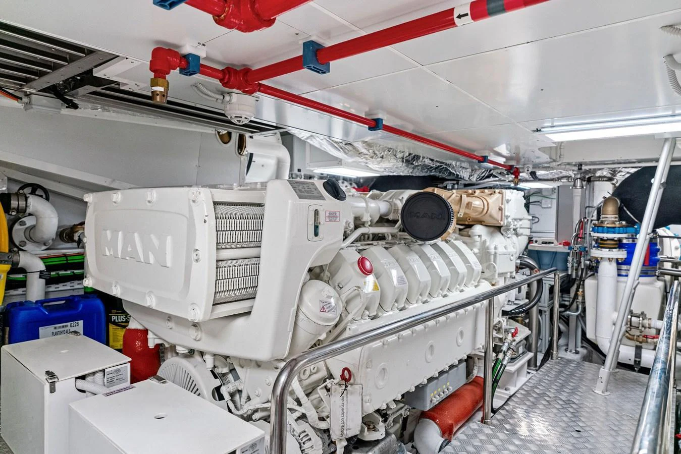 The image showcases the yacht's well-maintained engine room with advanced machinery. aboard CAFFEINE Yacht for Sale