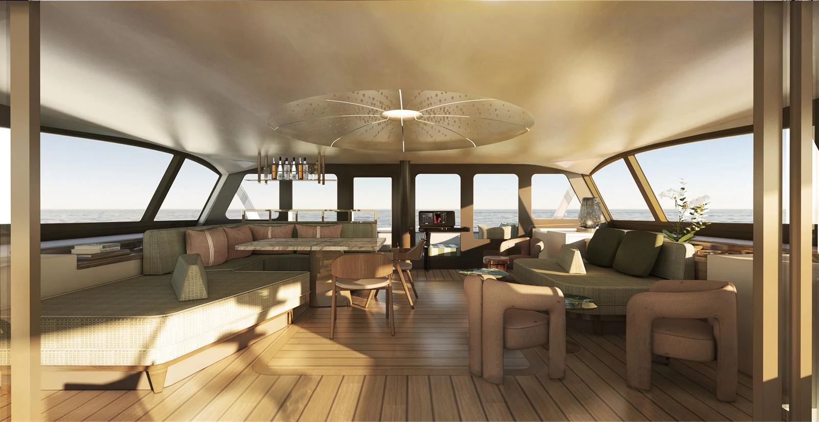 a room with a couch and a table and chairs aboard FUSION 80 Yacht for Sale
