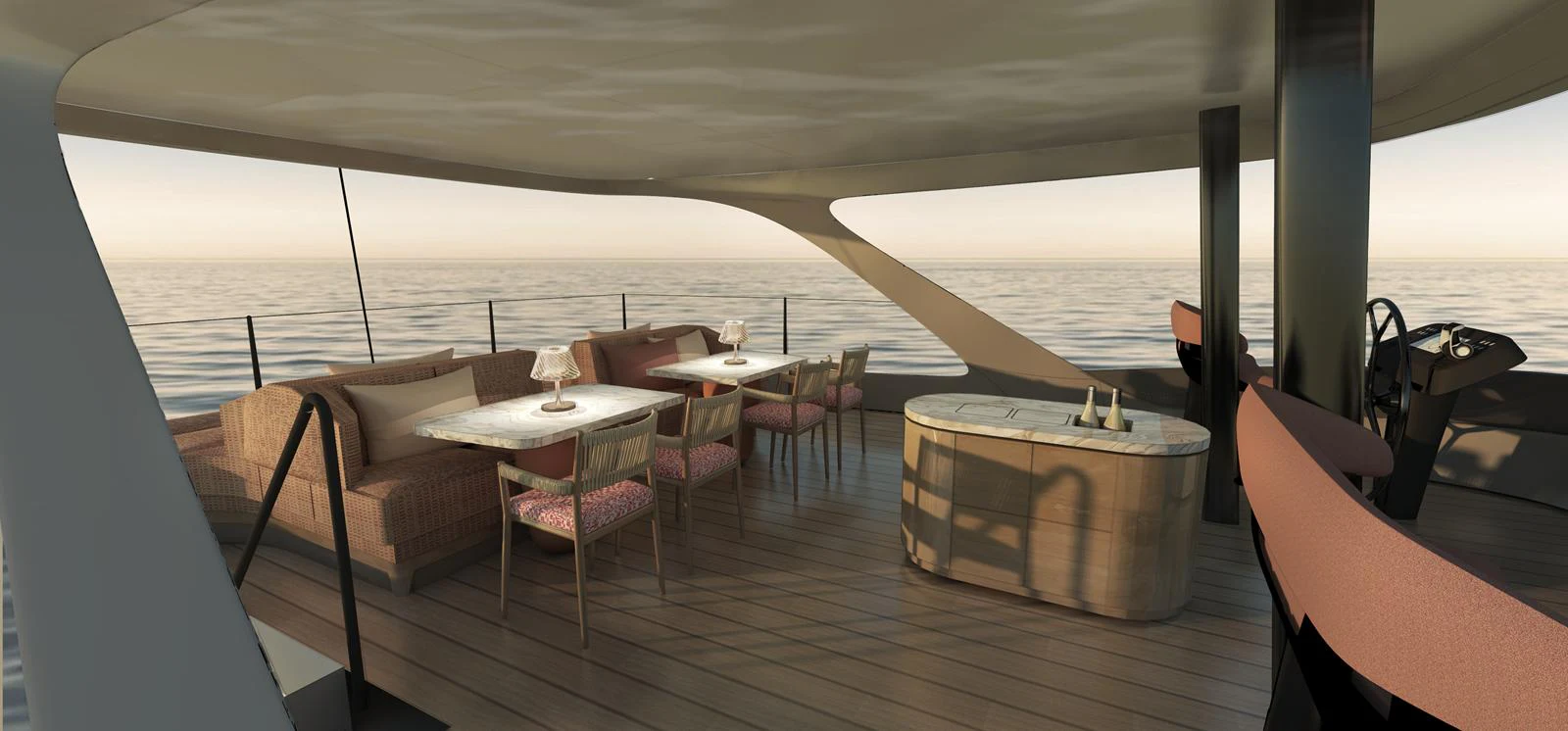 a table on a deck overlooking the ocean aboard FUSION 80 Yacht for Sale
