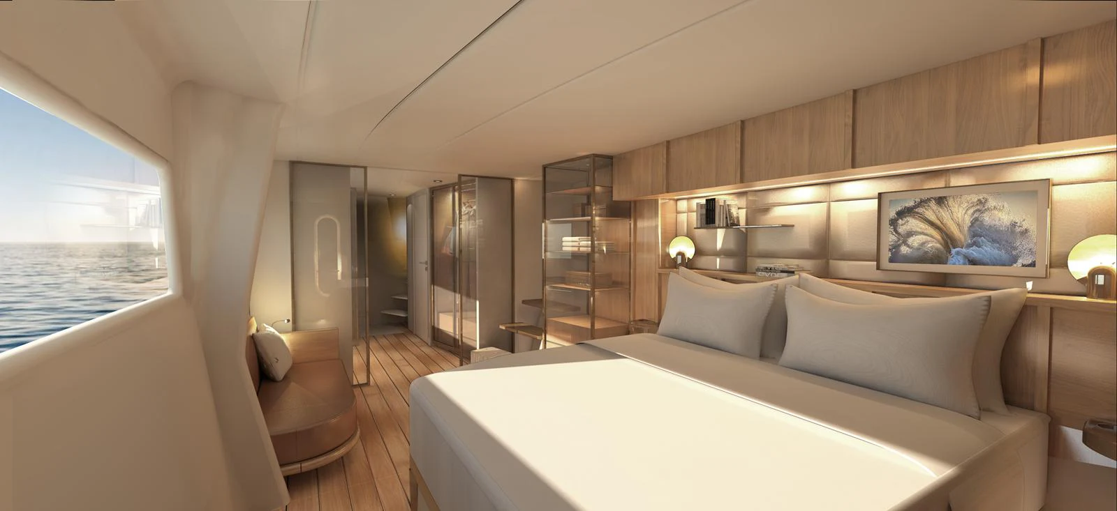 a room with a bed and a window aboard FUSION 80 Yacht for Sale