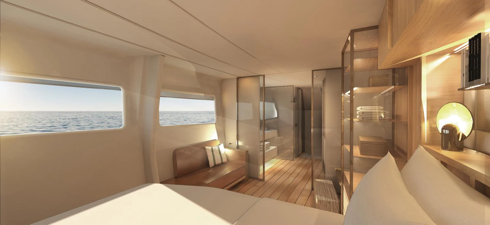 a room with a bed and a window aboard FUSION 80 Yacht for Sale