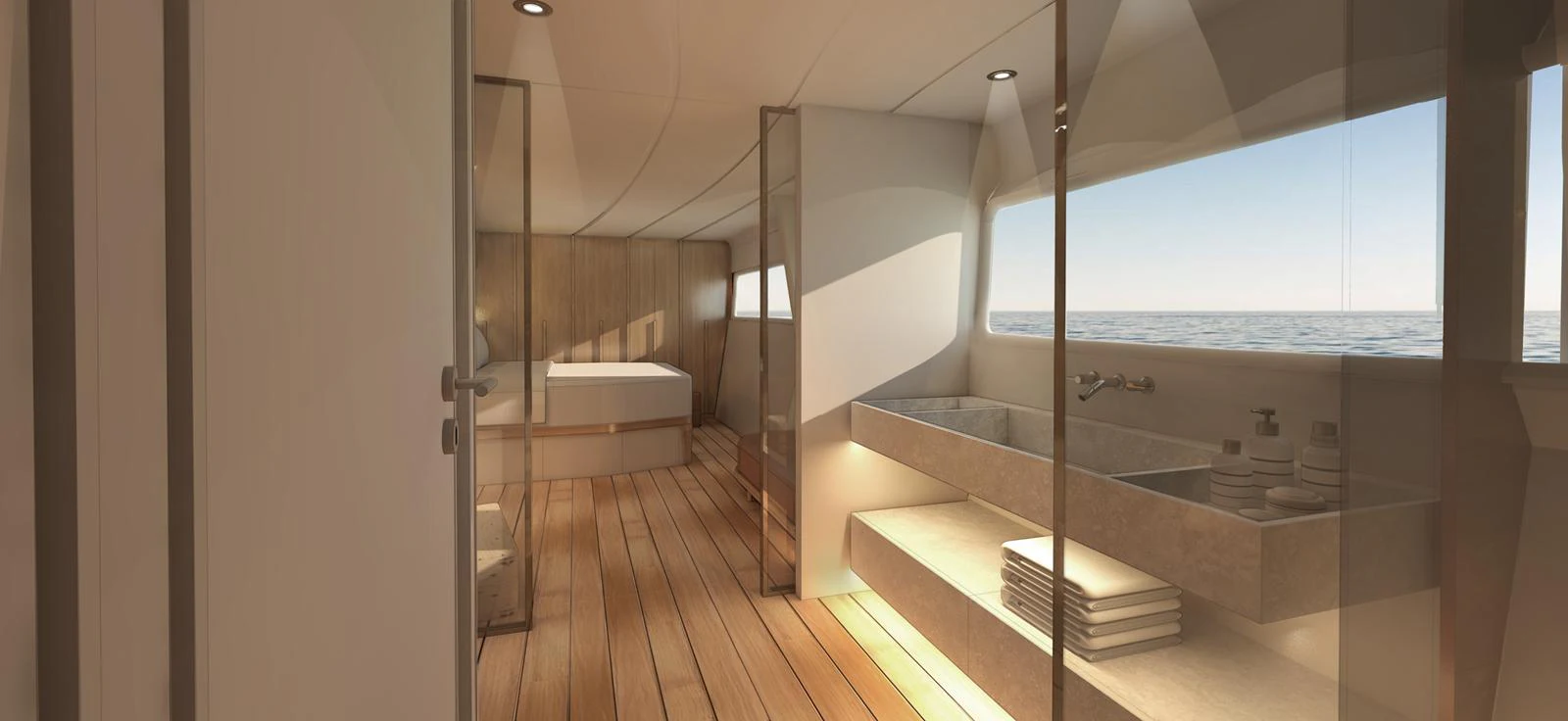 a bathroom with a tub and a sink aboard FUSION 80 Yacht for Sale