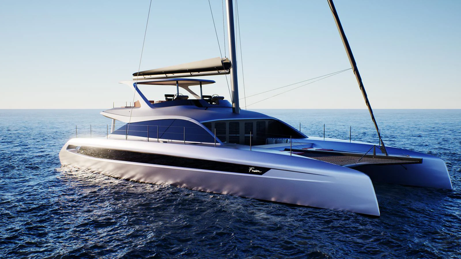 a white boat on the water aboard FUSION 80 Yacht for Sale